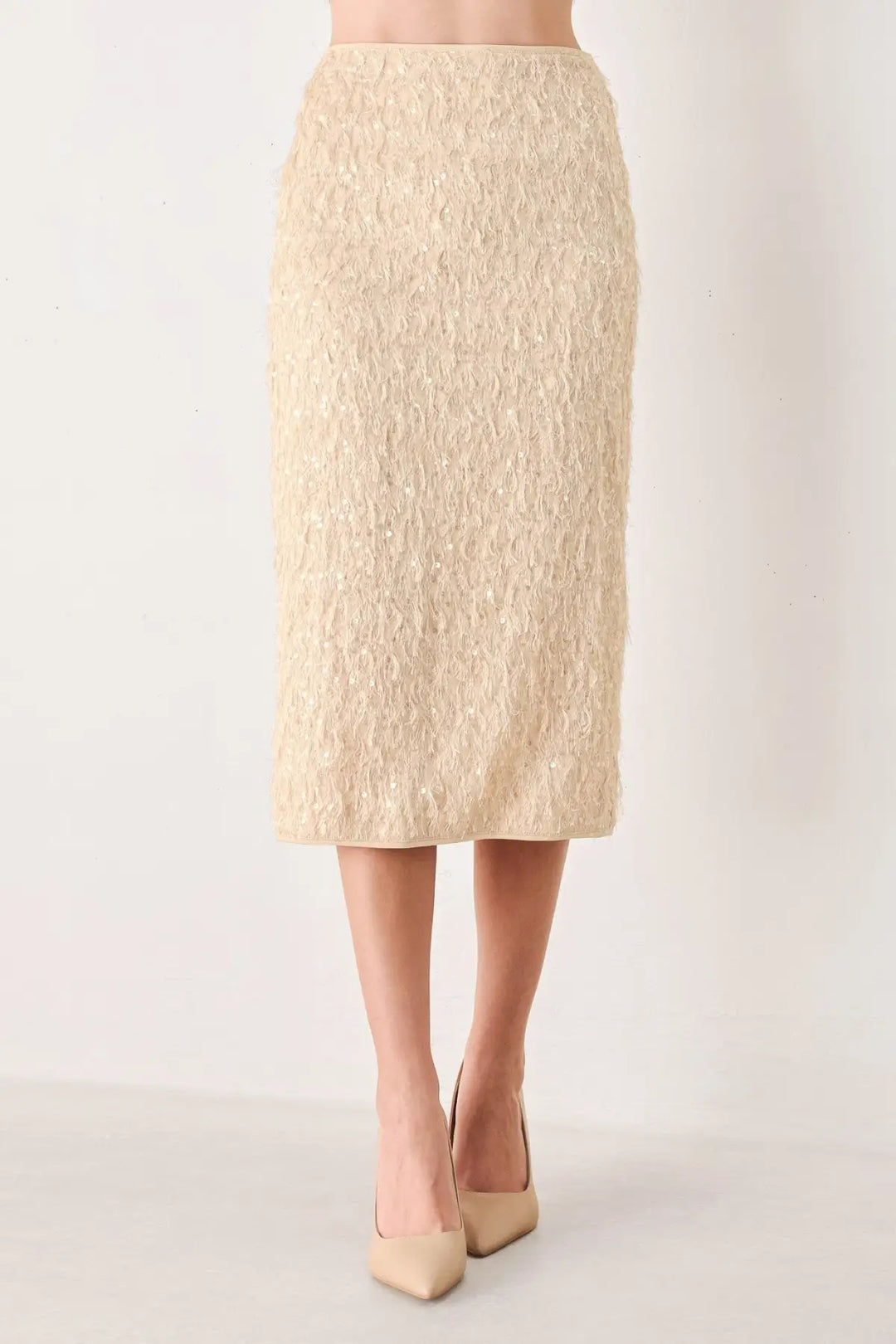 CHAMPAGNE WHISPER SEQUIN EYELASH MESH PENCIL SKIRT
