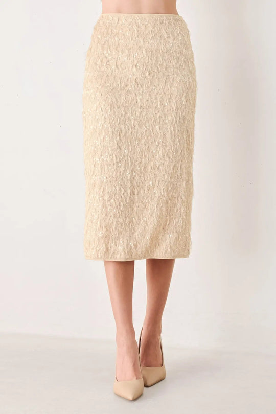 CHAMPAGNE WHISPER SEQUIN EYELASH MESH PENCIL SKIRT