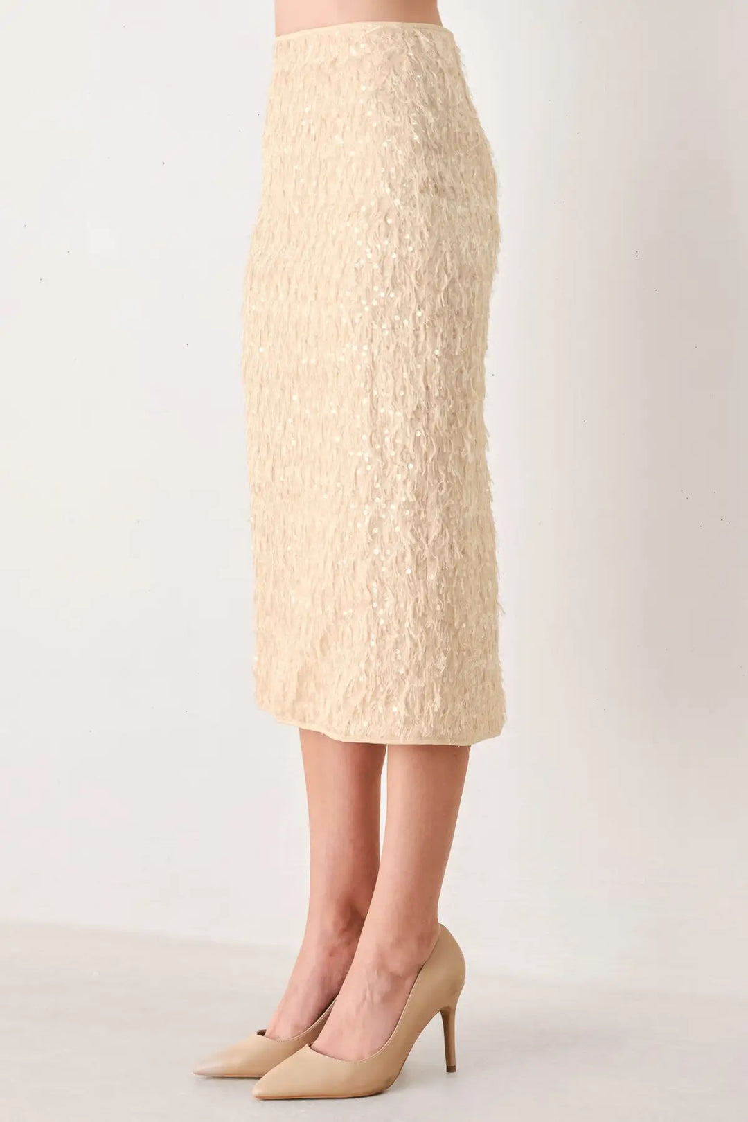 CHAMPAGNE WHISPER SEQUIN EYELASH MESH PENCIL SKIRT