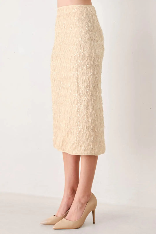 CHAMPAGNE WHISPER SEQUIN EYELASH MESH PENCIL SKIRT