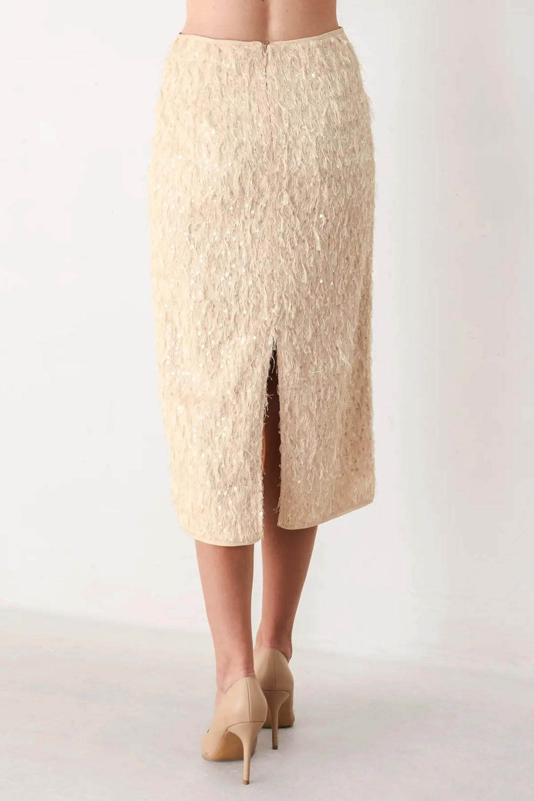CHAMPAGNE WHISPER SEQUIN EYELASH MESH PENCIL SKIRT