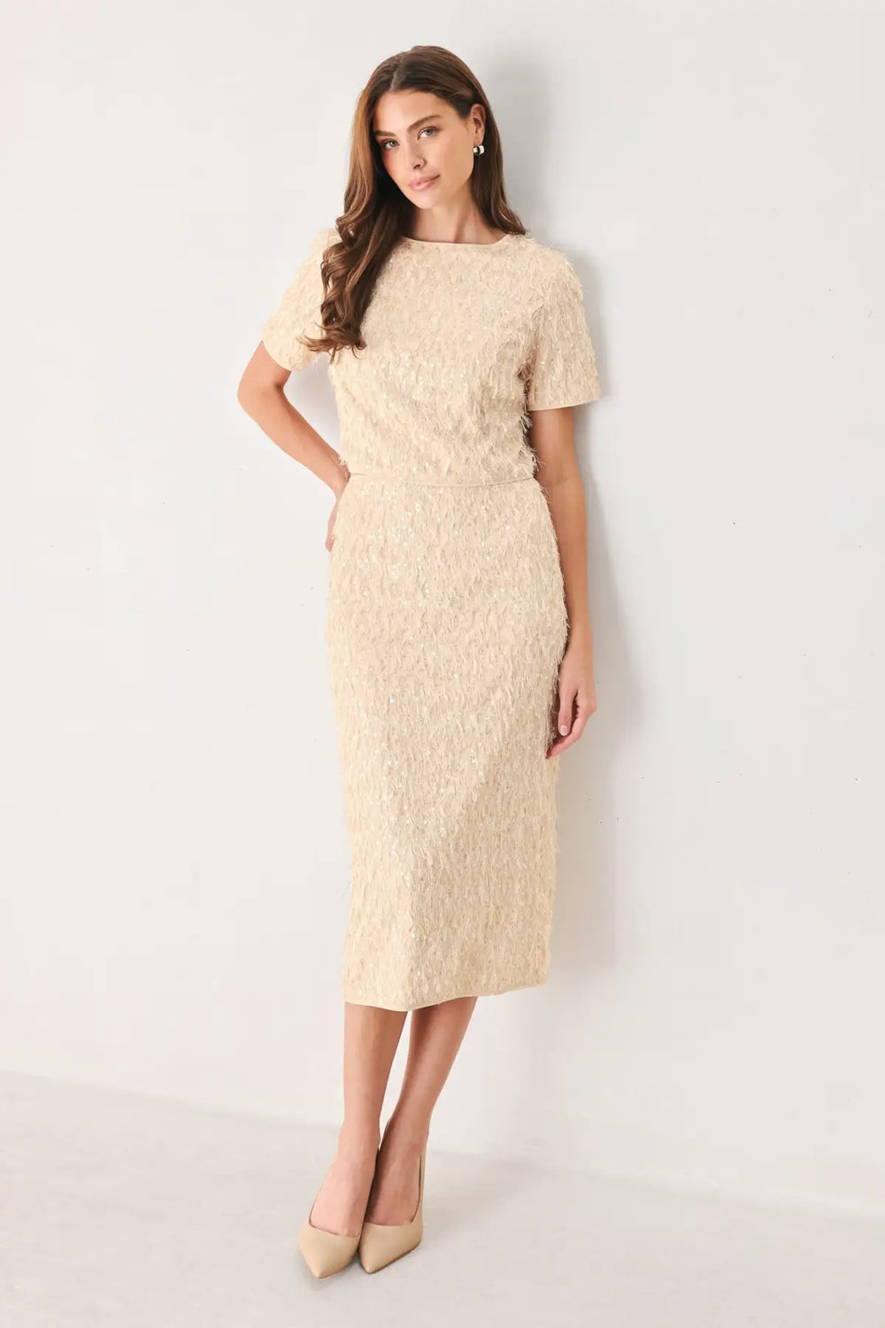 CHAMPAGNE WHISPER SEQUIN EYELASH MESH PENCIL SKIRT