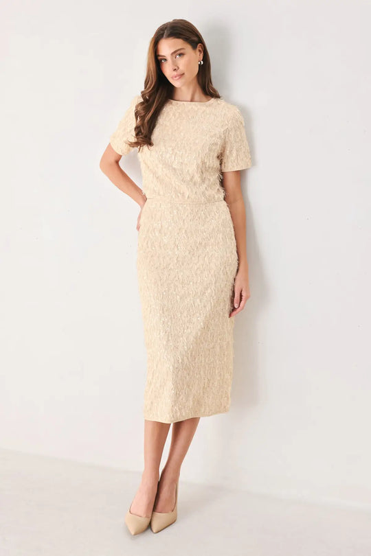 CHAMPAGNE WHISPER SEQUIN EYELASH MESH PENCIL SKIRT