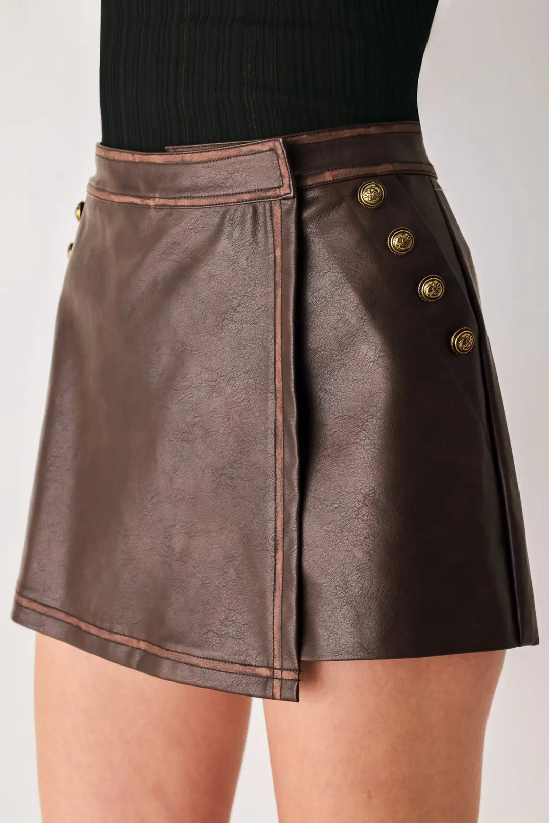SADDLE STREET BROWN FAUX LEATHER WRAP SKORT