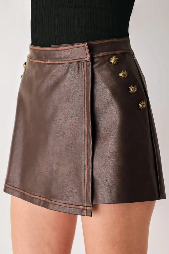 SADDLE STREET BROWN FAUX LEATHER WRAP SKORT