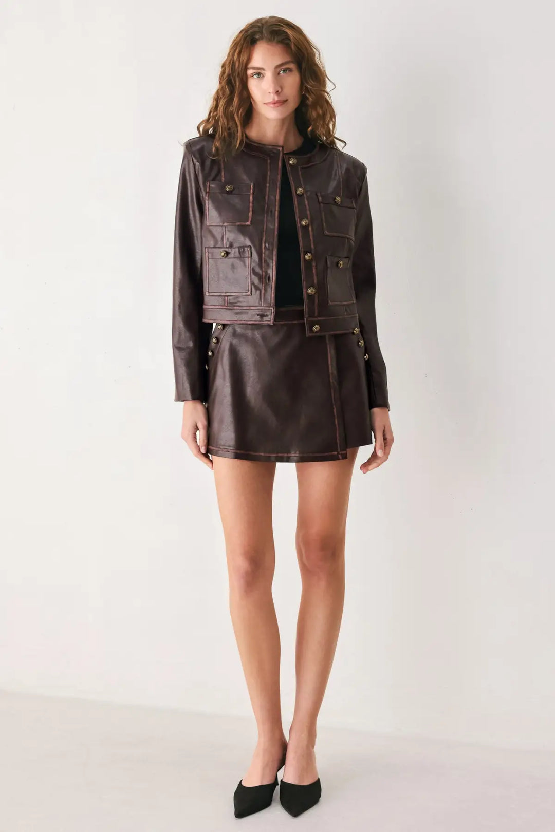 SADDLE STREET BROWN FAUX LEATHER WRAP SKORT