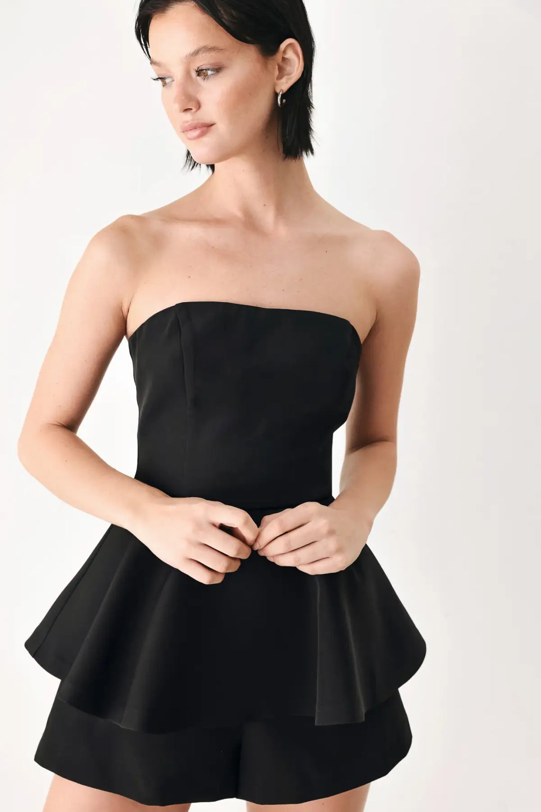 LITTLE BLACK MOMENT STRAPLESS PEPLUM ROMPER