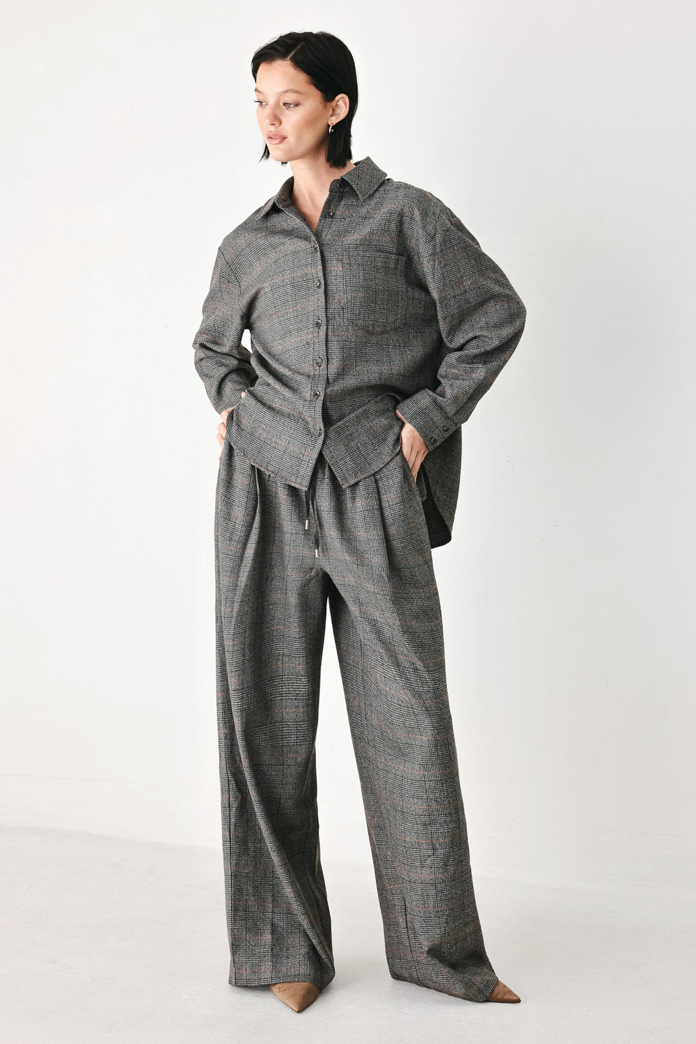 OFF THE CLOCK PLAID DRAWSTRING WIDE LEG PANTS