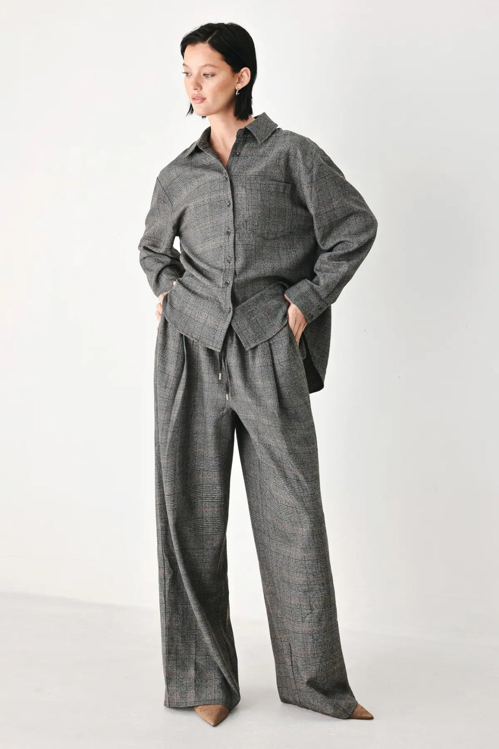 OFF THE CLOCK PLAID DRAWSTRING WIDE LEG PANTS