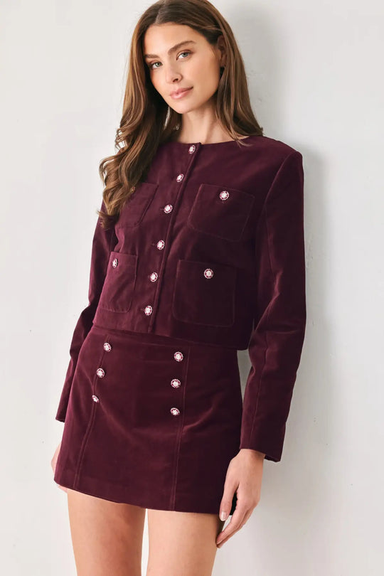 BORDEAUX VELVET BURGUNDY BUTTON-DETAIL SKORT