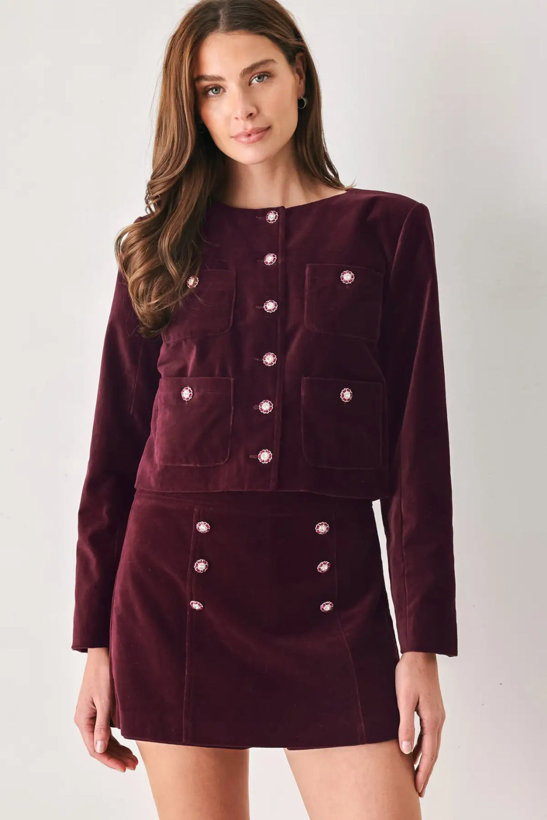 BORDEAUX VELVET BURGUNDY BUTTON-DETAIL SKORT