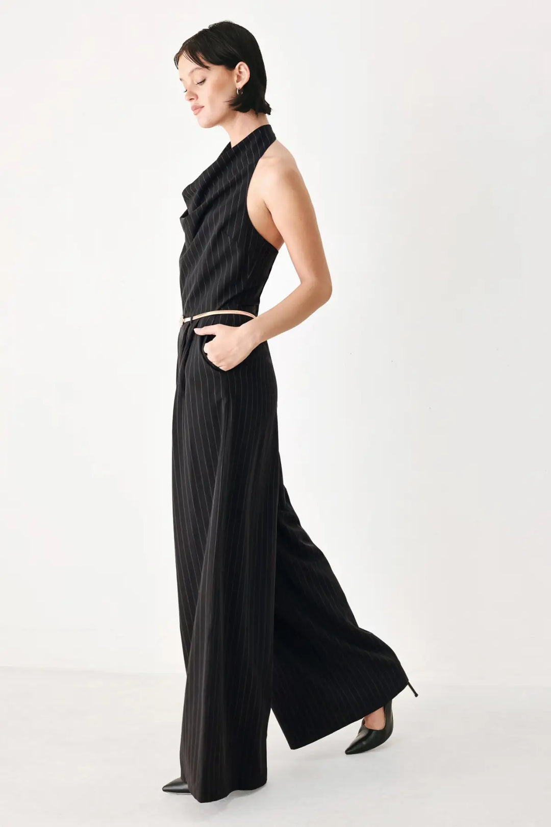 MIDNIGHT POISE BLACK HALTER BELTED WIDE-LEG JUMPSUIT