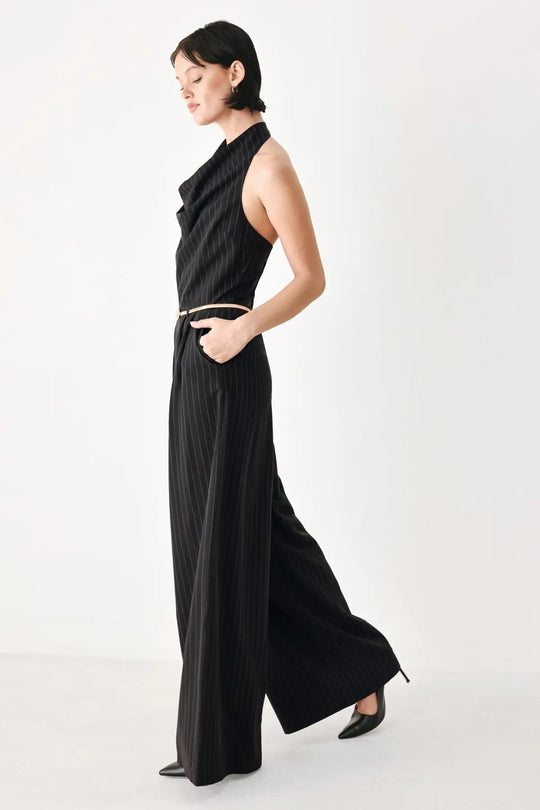 MIDNIGHT POISE BLACK HALTER BELTED WIDE-LEG JUMPSUIT