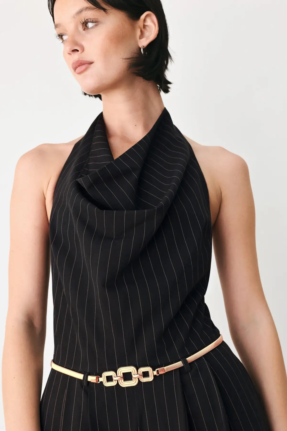 MIDNIGHT POISE BLACK HALTER BELTED WIDE-LEG JUMPSUIT