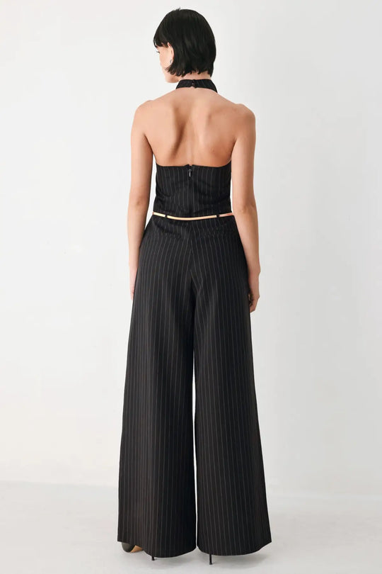 MIDNIGHT POISE BLACK HALTER BELTED WIDE-LEG JUMPSUIT