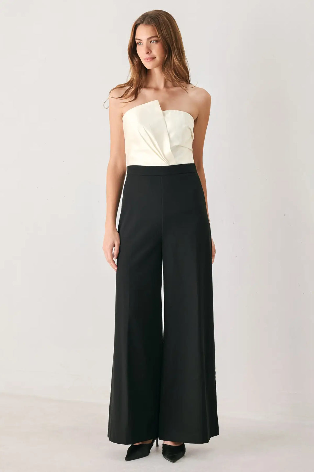 TUXEDO HOUR BLACK/CREAM STRAPLESS WIDE-LEG JUMPSUIT