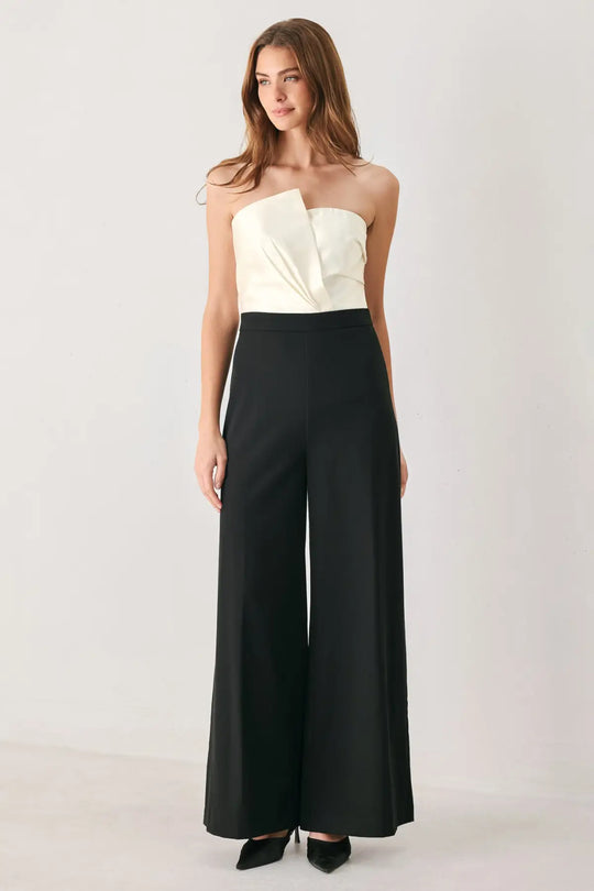 TUXEDO HOUR BLACK/CREAM STRAPLESS WIDE-LEG JUMPSUIT