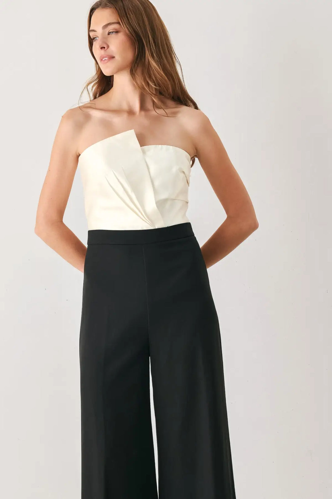 TUXEDO HOUR BLACK/CREAM STRAPLESS WIDE-LEG JUMPSUIT