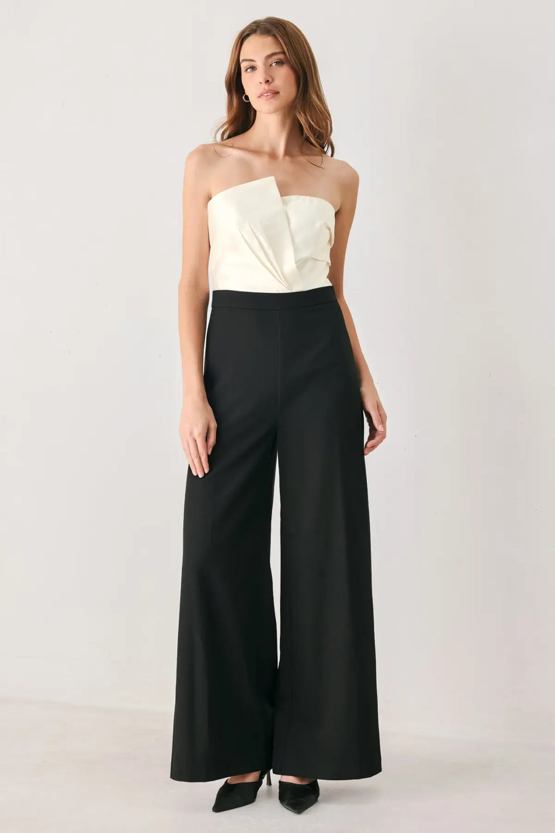 TUXEDO HOUR BLACK/CREAM STRAPLESS WIDE-LEG JUMPSUIT