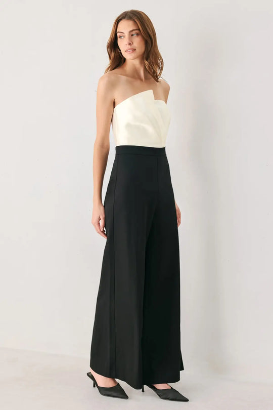 TUXEDO HOUR BLACK/CREAM STRAPLESS WIDE-LEG JUMPSUIT
