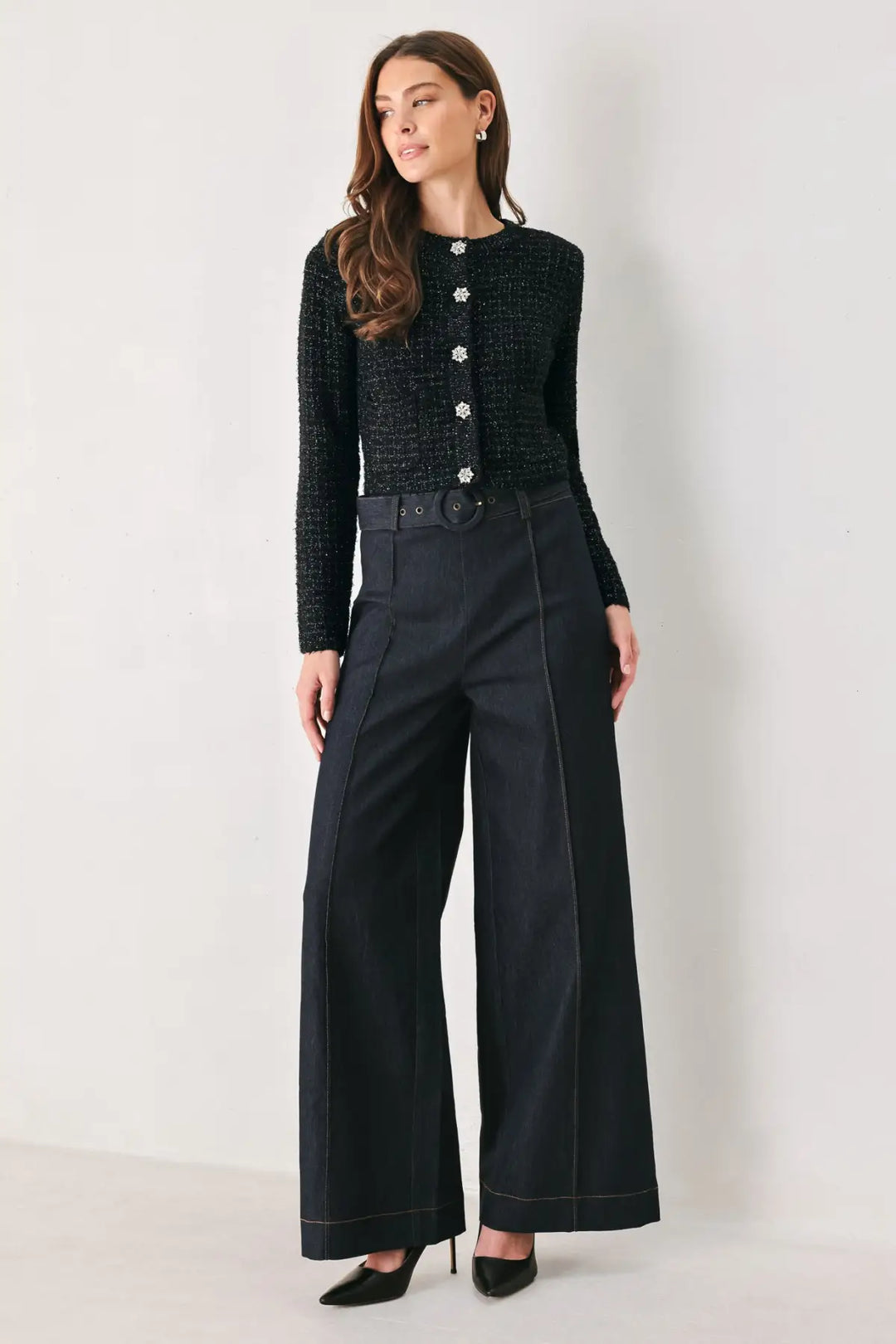 JEWELED MIDNIGHT BLACK BUTTON-DOWN SWEATER CARDIGAN