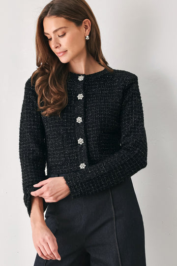 JEWELED MIDNIGHT BLACK BUTTON-DOWN SWEATER CARDIGAN