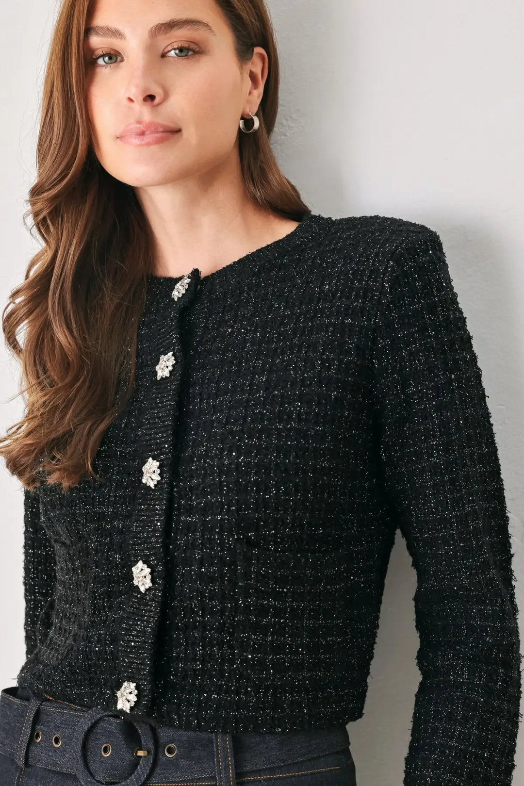 JEWELED MIDNIGHT BLACK BUTTON-DOWN SWEATER CARDIGAN