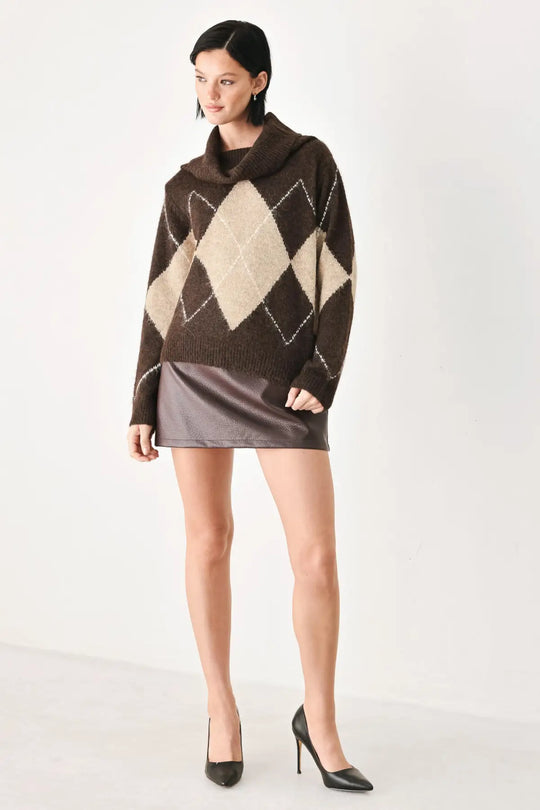 COZY MOMENTS BROWN ARGYLE COWL NECK SWEATER
