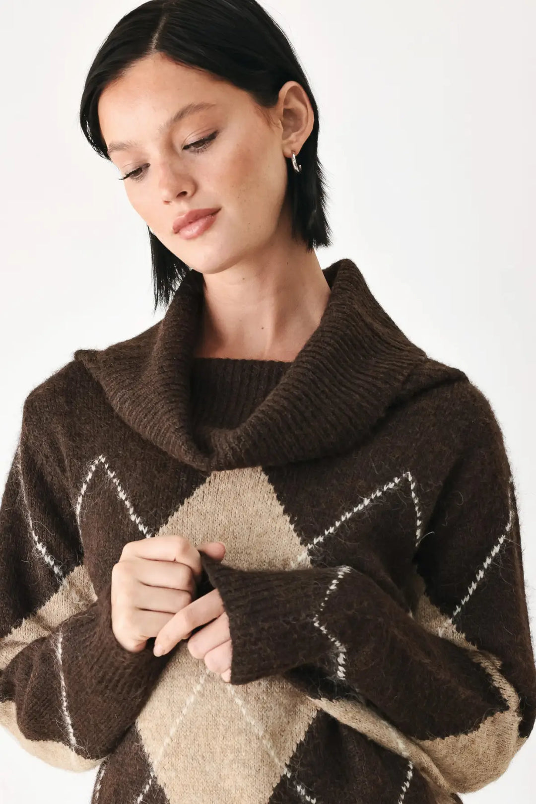 COZY MOMENTS BROWN ARGYLE COWL NECK SWEATER