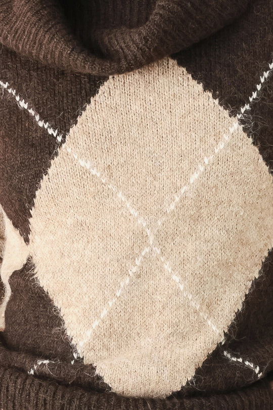 COZY MOMENTS BROWN ARGYLE COWL NECK SWEATER