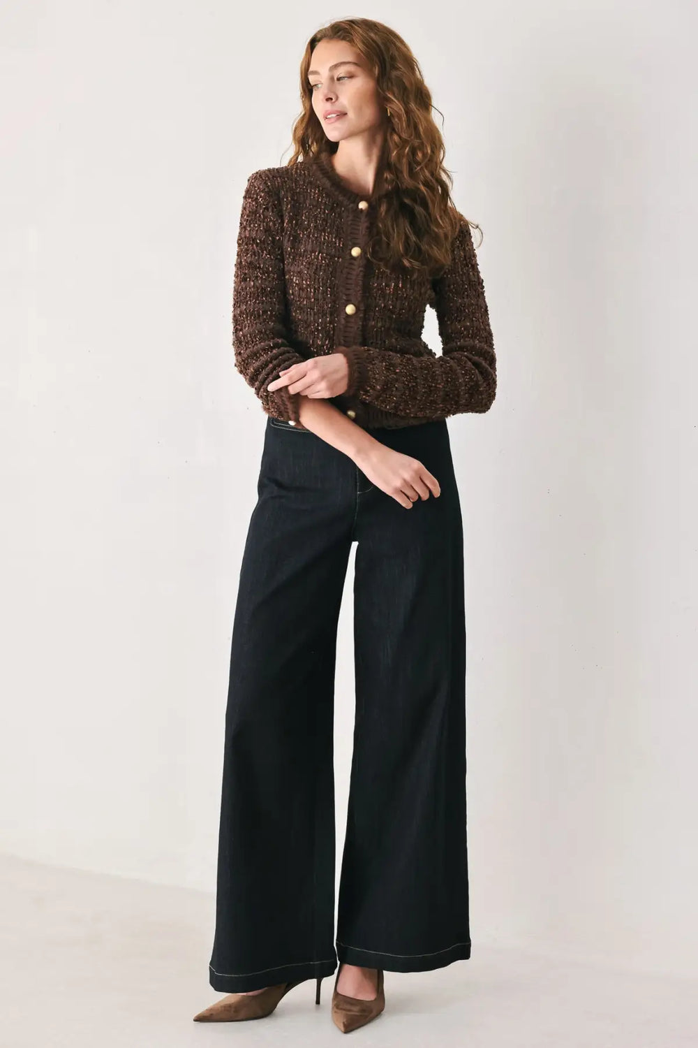 GEMSTONE GLOW BROWN JEWEL-BUTTON CROPPED CARDIGAN