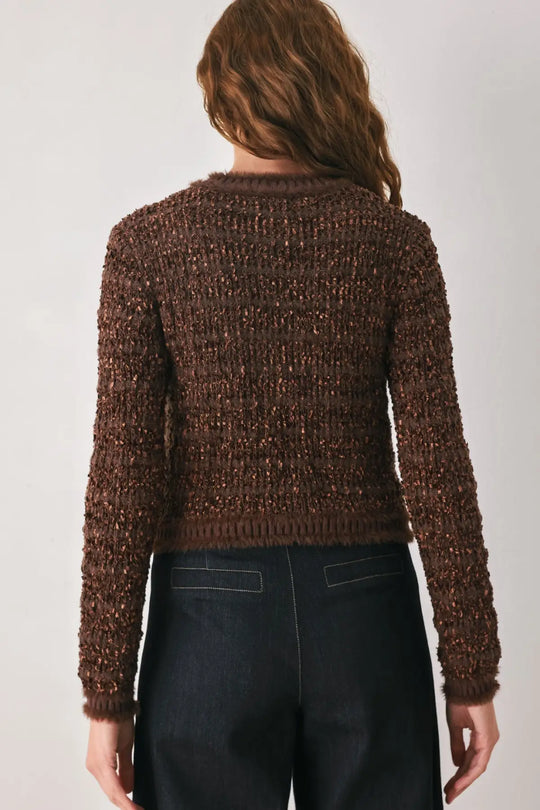 GEMSTONE GLOW BROWN JEWEL-BUTTON CROPPED CARDIGAN