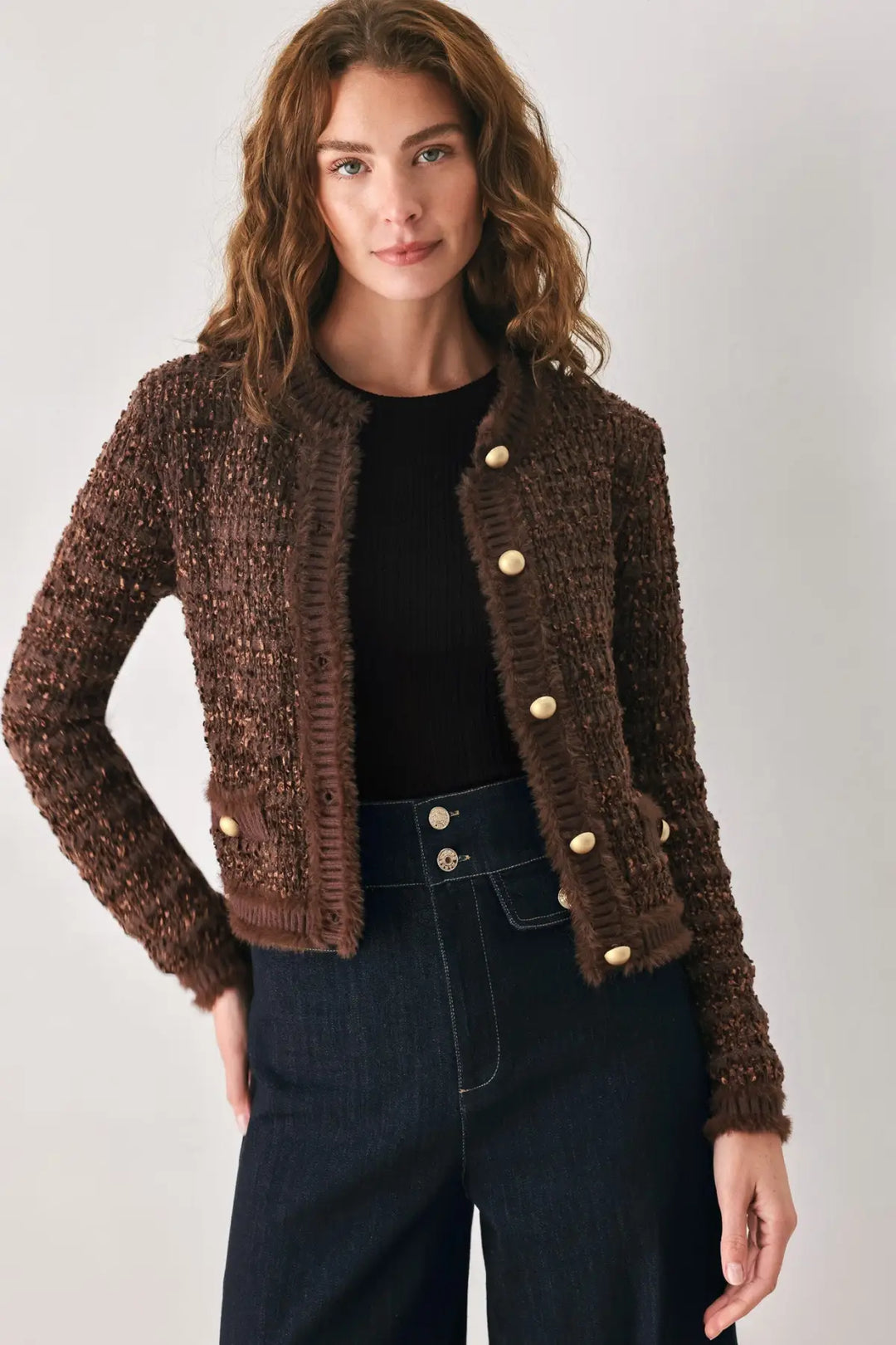 GEMSTONE GLOW BROWN JEWEL-BUTTON CROPPED CARDIGAN