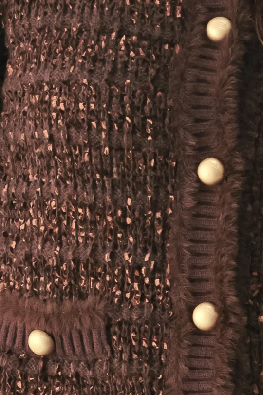GEMSTONE GLOW BROWN JEWEL-BUTTON CROPPED CARDIGAN