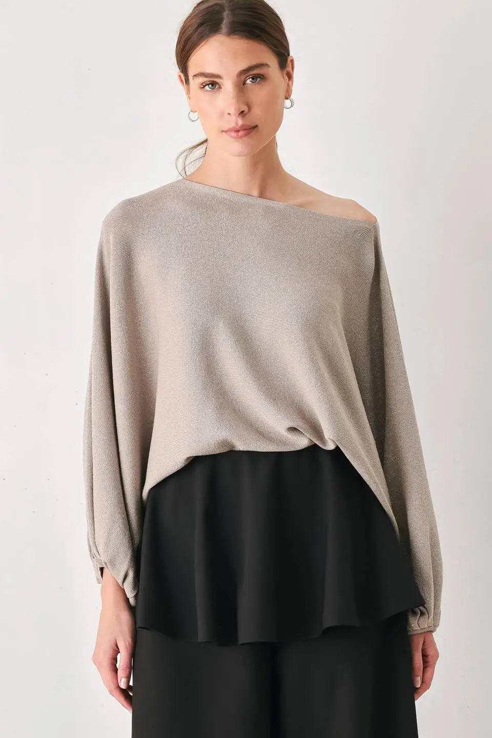 TAUPE SHIMMER METALLIC TAUPE BATWING SWEATER TOP