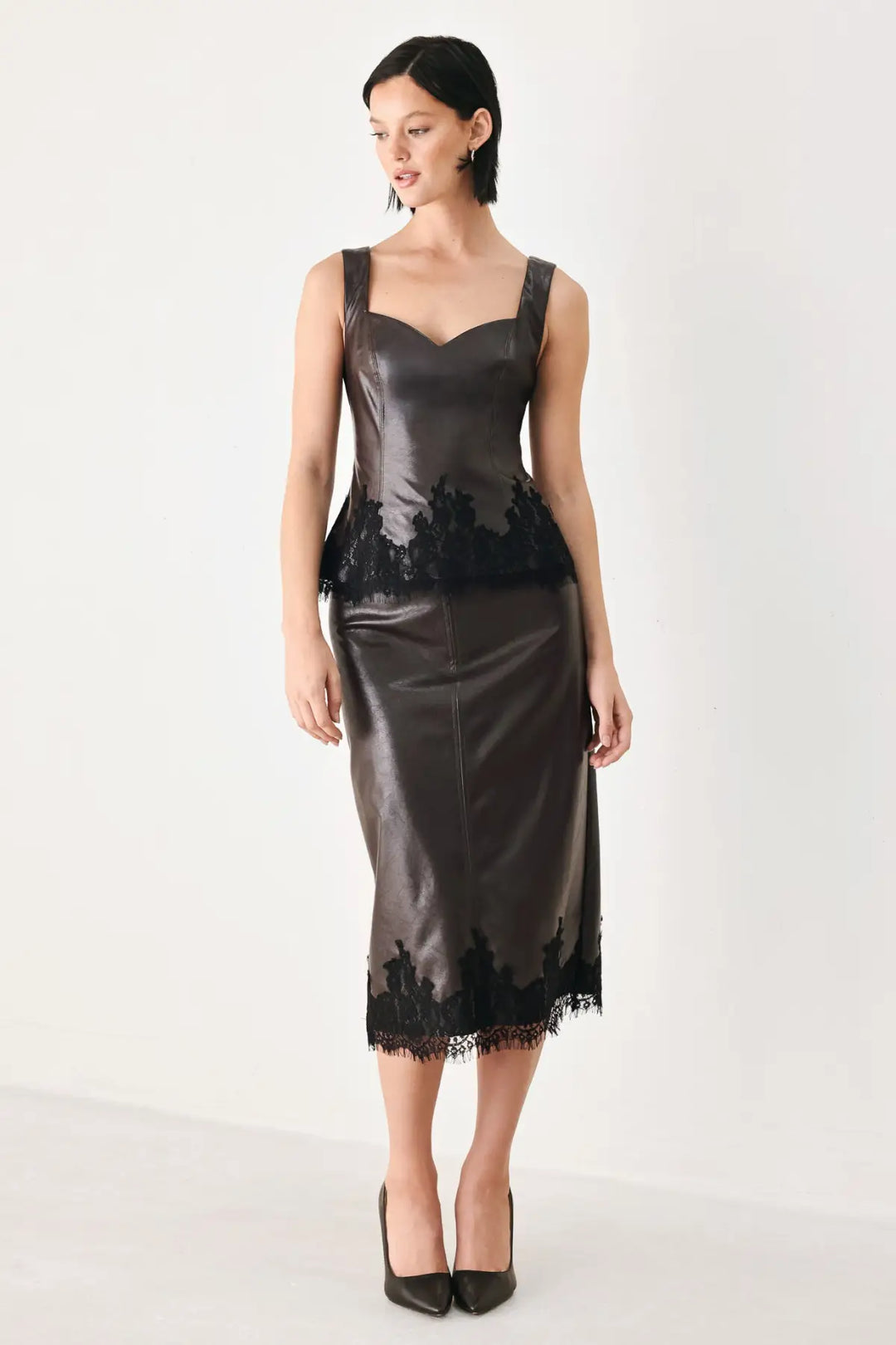 LACE AFTER DARK SWEETHEART FAUX LEATHER TOP
