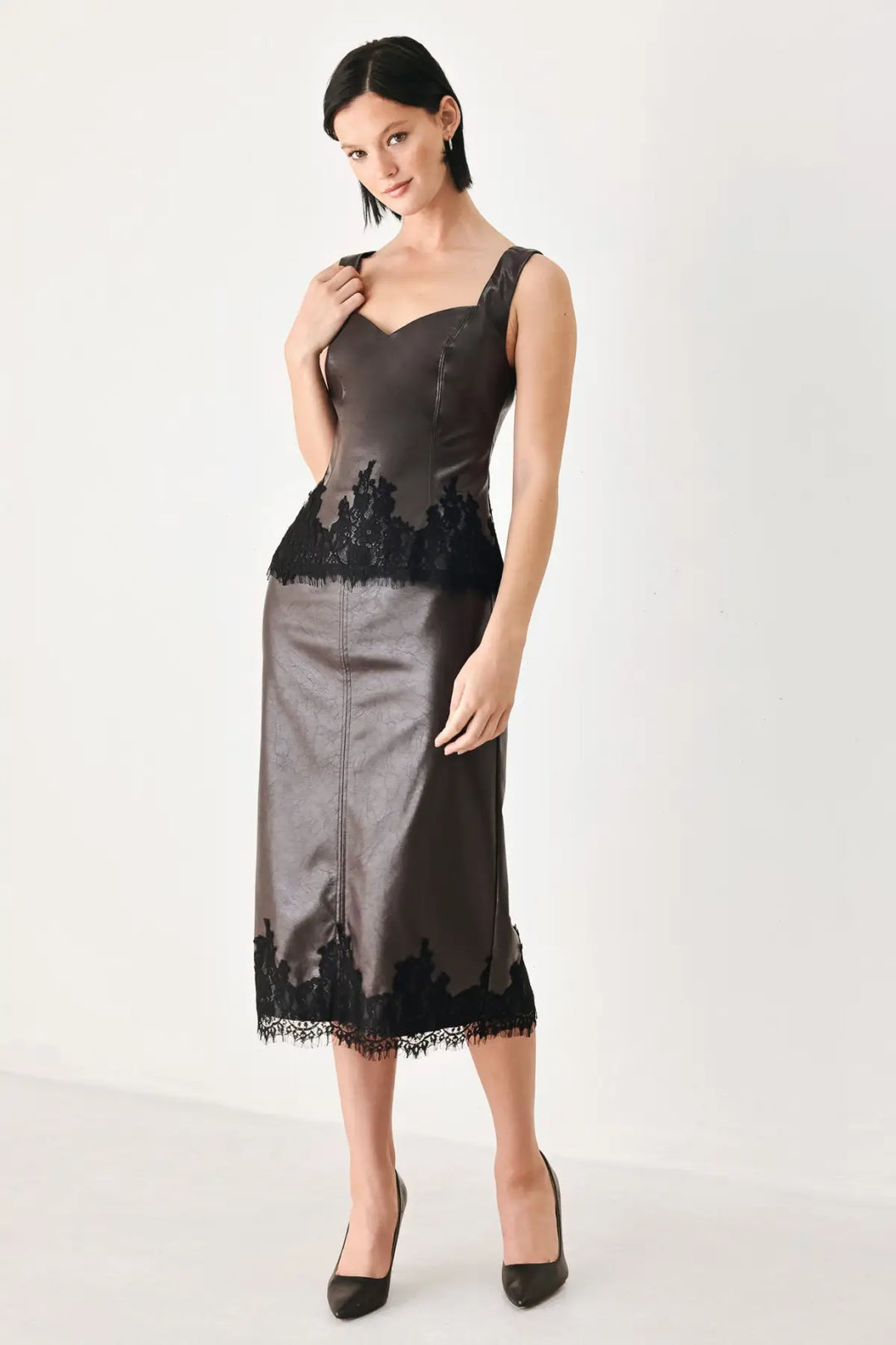 LACE AFTER DARK SWEETHEART FAUX LEATHER TOP