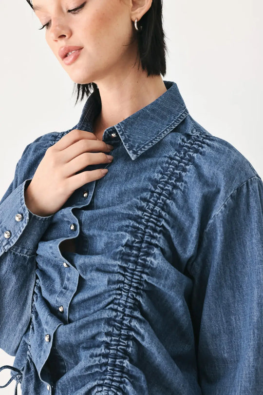 CASUAL ENCOUNTER INDIGO RUCHED DENIM BUTTON-DOWN TOP