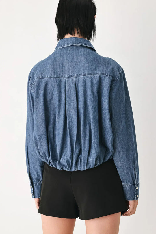 CASUAL ENCOUNTER INDIGO RUCHED DENIM BUTTON-DOWN TOP