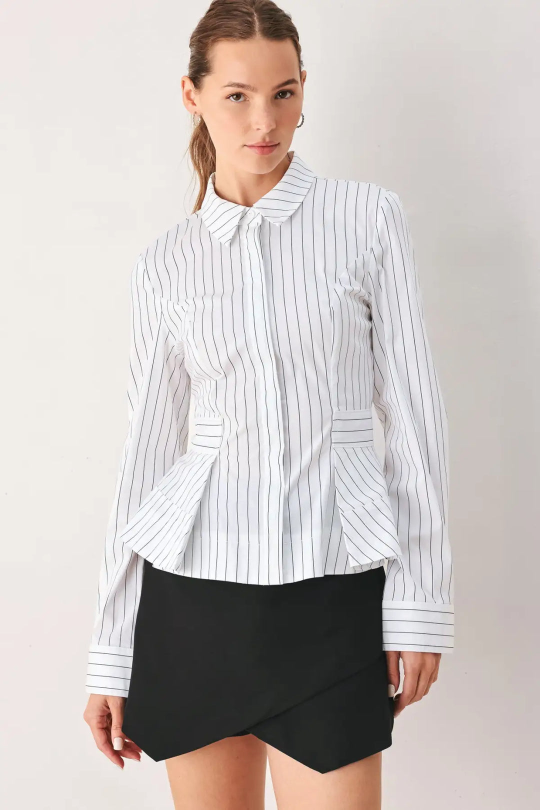 MODERNIST PINSTRIPE FLARED-WAIST WOVEN TOP
