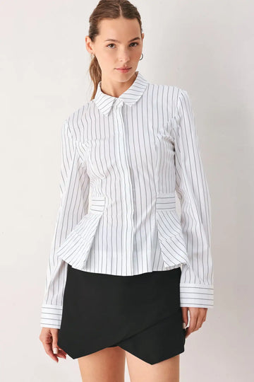 MODERNIST PINSTRIPE FLARED-WAIST WOVEN TOP