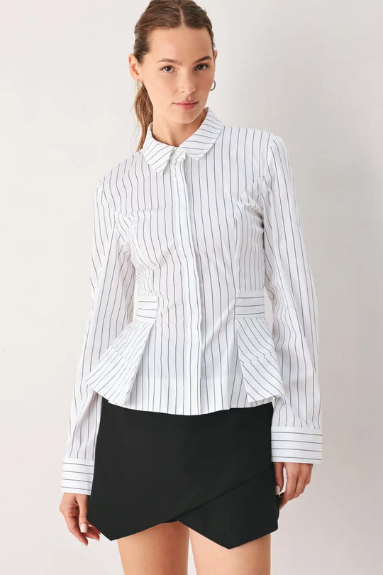 MODERNIST PINSTRIPE FLARED-WAIST WOVEN TOP