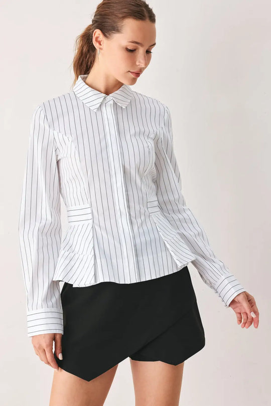 MODERNIST PINSTRIPE FLARED-WAIST WOVEN TOP