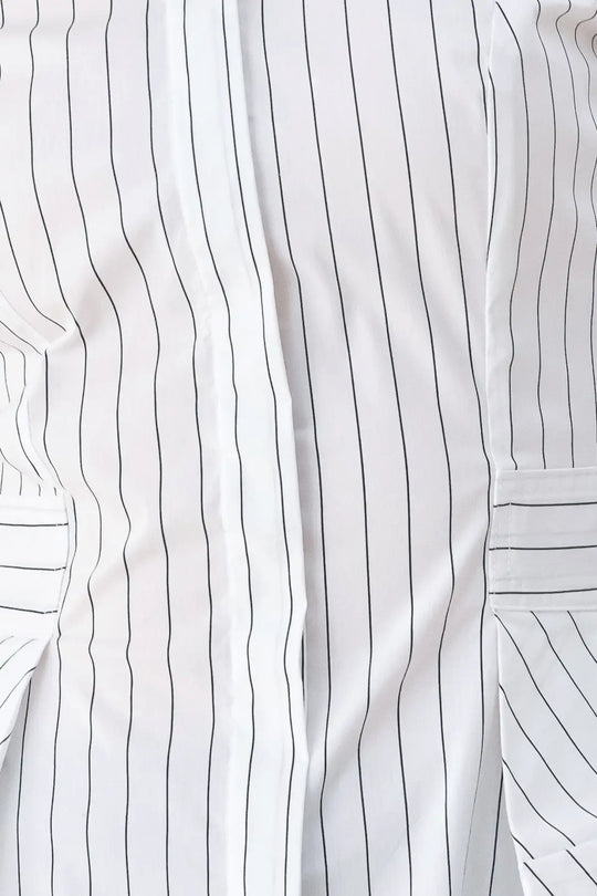 MODERNIST PINSTRIPE FLARED-WAIST WOVEN TOP