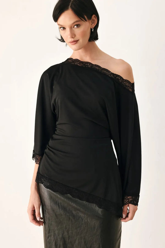 AFTER HOURS LACE TRIM ASYMMETRICAL TOP