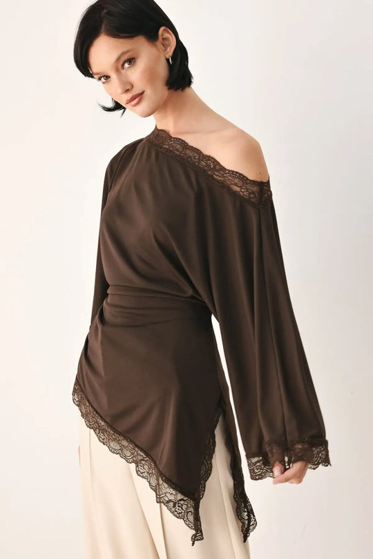 AFTER HOURS LACE TRIM ASYMMETRICAL TOP