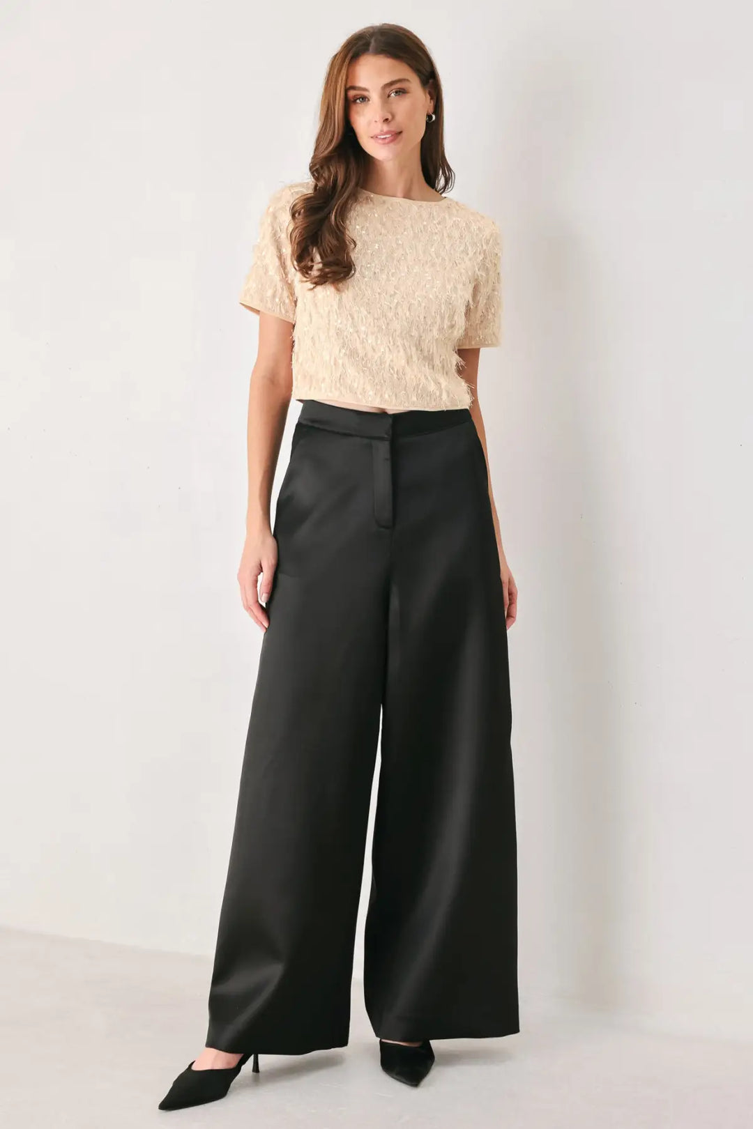CHAMPAGNE WHISPER SEQUIN EYELASH MESH CROPPED TOP