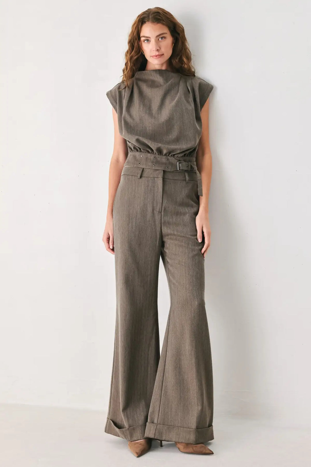 TAILORED TEMPO BROWN FUNNEL-NECK BELTED TOP