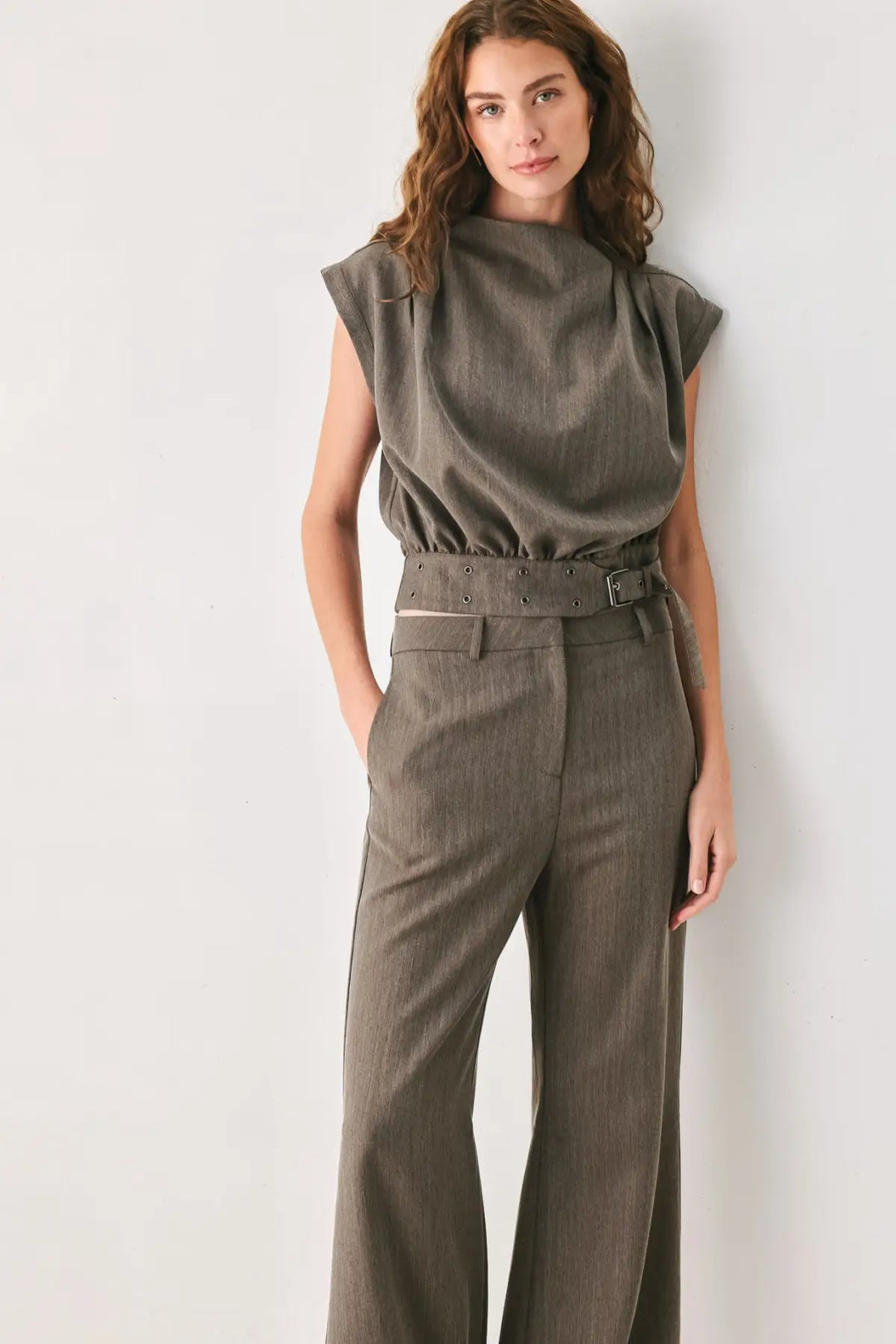 TAILORED TEMPO BROWN FUNNEL-NECK BELTED TOP