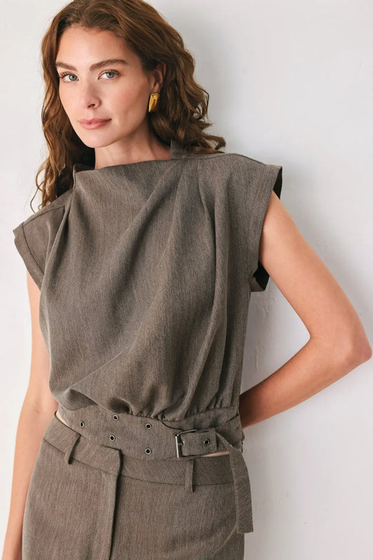 TAILORED TEMPO BROWN FUNNEL-NECK BELTED TOP
